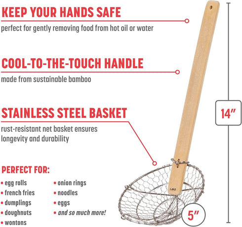 Joyce Chen Kitchen Spider Strainer Stainless Steel 5-Inch Wire Basket with Heat-Resistant Bamboo Handle...