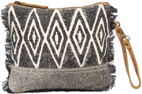 Myra Bag Second Impression Upcycled Canvas & Cowhide Leather Wristlet Pouch Bag S-1261...