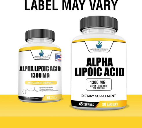 American Standard Supplements Alpha Lipoic Acid 1300mg Per Serving - Vegan, Gluten Free, Non-GMO, 90 Capsules, 45 Servings...