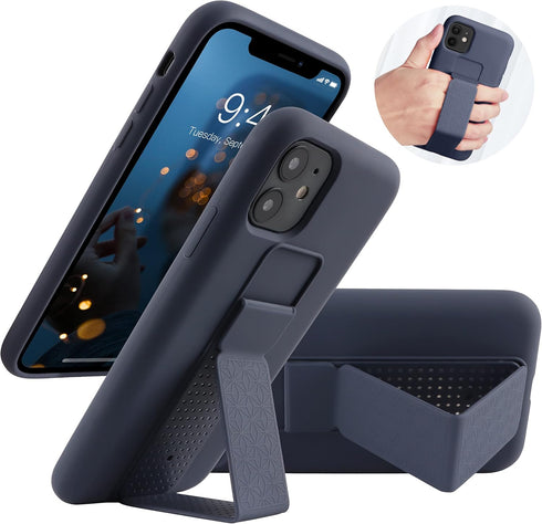 LAUDTEC Silicone Kickstand Case Compatible with iPhone 11, Vertical and Horizontal Stand Hand Strap Metal Kickstand Cover, Flexible Soft Liquid Si...