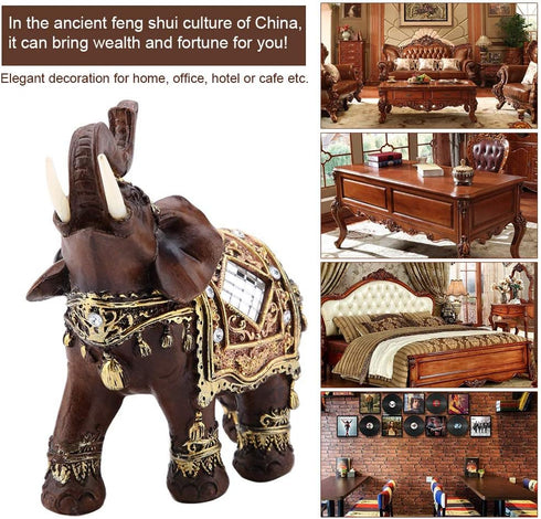 Feng Shui Wood Grain Elegant Elephant Statue 5.5 (H) Thai Elephant with Trunk Facing Upwards Collectible Figurine Sculpture Decoration Statue Weal...