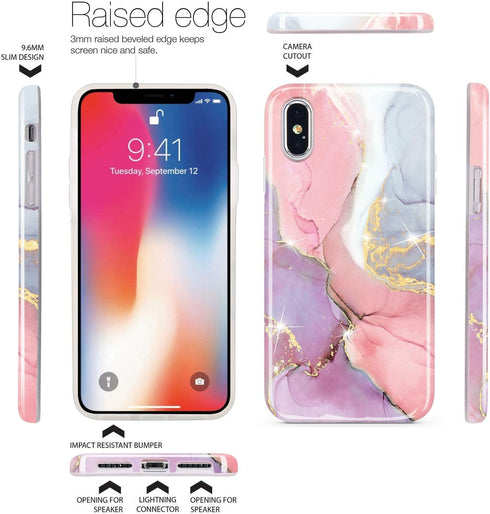 JIAXIUFEN Compatible iPhone X iPhone Xs Case Gold Sparkle Glitter Marble Slim Shockproof Flexible TPU Soft Case Silicone Cover Phone Case Pink Pur...
