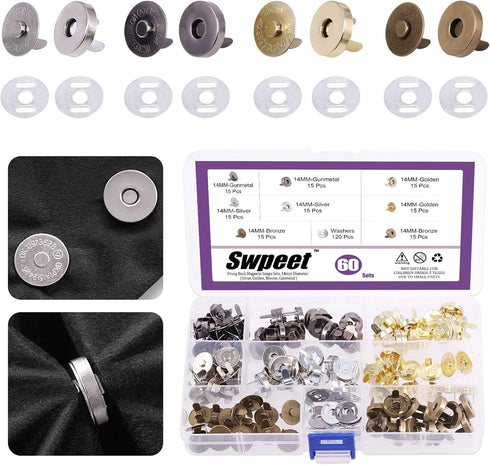 Swpeet 60 Sets Magnetic Button Clasps Snaps, 14MM Metal Fastener Clasps Gold Silver Bronze Black DIY Craft Sewing Knitting Buttons Sets for Sewing...