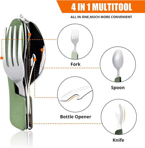 HIKENTURE Camping Utensils 2 Pack, 4-In-1 Stainless Steel Spoon Fork Knife Set Backpacking Travel Cutlery Metal Multitool Boy Scout(Green 2pack)...