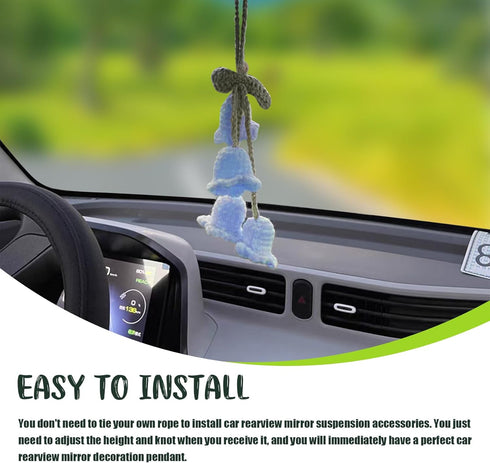 Car Mirror Hanging, Cute Flower Car Rear View Mirror Accessories, Handmade Knitted Rear View Mirror Pendant, Rearview Mirror Pendant Ornament (Blu...