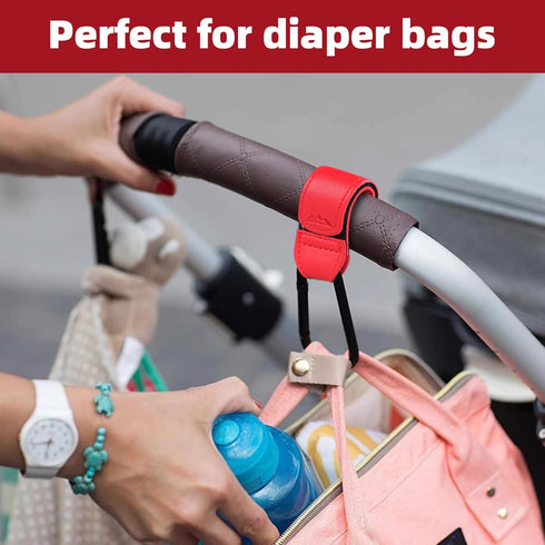 Baby Stroller Hooks Bag Hooks for Hanging Diaper Bags MultiPurpose Hooks for Grocery Shopping Bags Premium Vegan Leather Pram Straps 2 Pcs (red)...