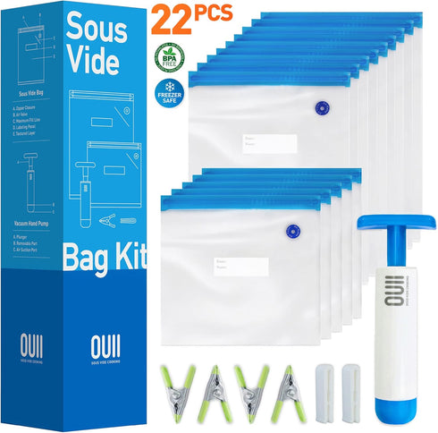 Sous Vide Bags for Joule and Anova Cookers - 15 Reusable BPA-Free Sous Vide Bags with Vacuum Hand Pump in Various Sizes -Vacuum Sealer Bags Food S...