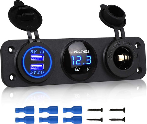 Linkstyle 3 in 1 Charger Socket Panel, 12V Dual USB Car Socket Charger Socket Power Outlet & LED Digital Voltmeter & Cigarette Lighter Socket Spli...