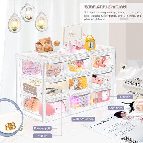 Desk Storage Organizer with 9 Mini Drawers, FODIENS Clear Desktop Craft Drawer Cabinet, Stackable Storage Box Caddy for Makeup Jewelry Office Craf...