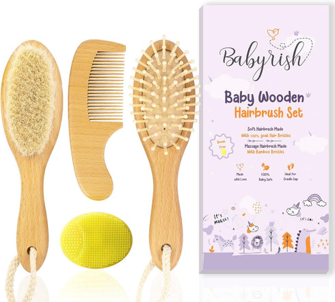 Baby Brush Set for Newborn - Baby Hair Brush with Soft Goat Hair Bristles - Wooden Toddler Hair Brush with Baby Comb, Massage Brush & Cradle Cap B...