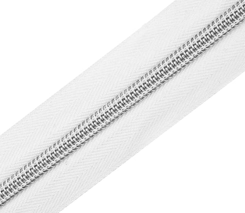 Mandala Crafts Metallic Silver Zipper Tape by The Yard #5 with Pulls - White Continuous Nylon Coil Upholstery Zippers Chain Roll for Sewing 10 Yar...