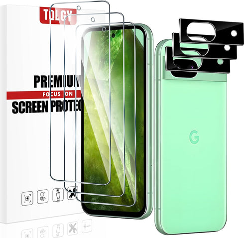 TQLGY 3 Pack Screen Protector for Google Pixel 8a with 3 Pack Camera Lens Protector, 9H Hardness Tempered Glass Film, Support Fingerprint Unlock, ...