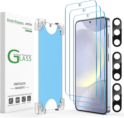 amFilm3+3 Pack Auto-Alignment Magnetic OneTouch for Samsung Galaxy S24 Plus 6.7” Tempered Glass Screen Protector +3 Camera Lens Protector, 30 Seco...