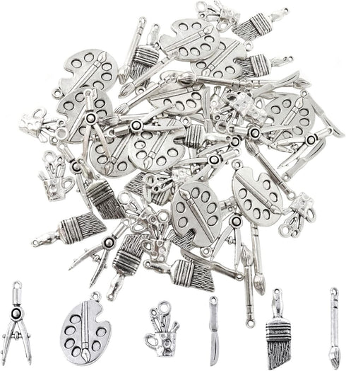 Honbay 60PCS Alloy Painting Charms Pendant Artist Painter Brush Palette Knife Brush Pot Compasses Pendants for Earrings Bracelet Necklace Jewelry ...