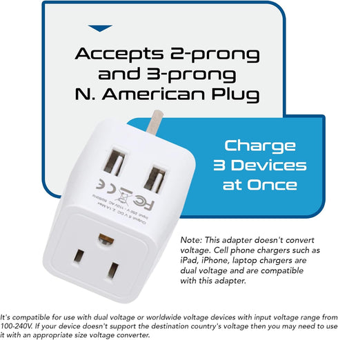 Ceptics UK Travel Adapter Plug - with 2 USB + USA Socket Input - Type G - Ultra Compact - Safe Grounded Perfect for Cell Phones, Laptops, Camera C...