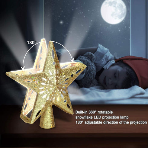 Ryhpez Christmas Tree Topper, Gold Star Christmas Tree Toppers with LED Rotating Snowflake Projector Lights, 3D Glitter Lighted for Christmas Tree...