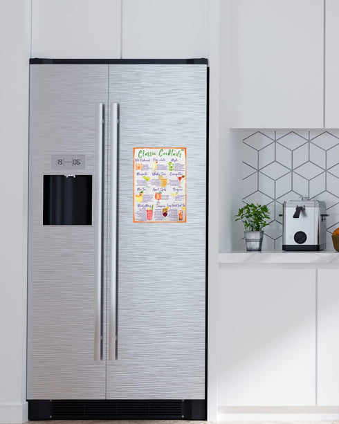 Classic Cocktails Recipes Magnetic Chart A4 Format - Kitchen Pub Wall and Fridge Decor Stylish Colourful Informative Magnet Milliliters and Ounces...