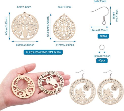 Beadthoven DIY Wood Dangle Earring Making Kit 13 Styles Hollow Filigree Unfinished Wood Pendants Bohemian Earrings Wooden Charms with Earring Hook...
