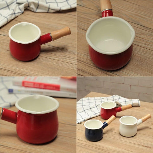 Enamel Milk Pot, Small Enamel Saucepan Milk Pot Butter Warmer 4 Inch 17 Oz Enamel Small Sauce Pan with Wooden Handle, Perfect Size for Heating Sma...