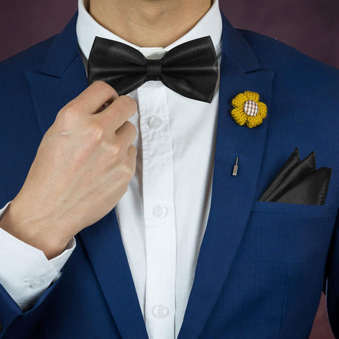 VICASKY 3pcs Mens Pocket Square Bow Tie and Cummerbund Set Mens Satin Bow Tie Cummerbund Hanky Handkerchief Black Mens Formal Satin Bowtie and Cum...