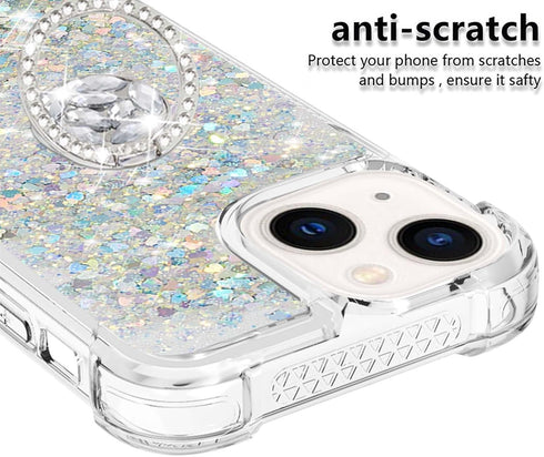 CCSmall Glitter Clear Sparkly Bling Case for Apple iPhone 15, Flowing Liquid Quicksand Cover with Diamond Ring Holder Case for iPhone 15 LSZ Silve...
