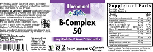 Bluebonnet Nutrition B Complex 50 Vegetable Capsules, Complete Full Spectrum, Vitamin B6, B12, Biotin, Folate, Vegan, Vegetarian, Gluten Free, Soy...