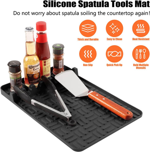 Silicone Griddle Tools Mat for Blackstone, Food Grade Spatula Mat with Drip Pad Grill Utensil Holder Side Shelf Mat for Kitchen, Cooking, Countert...