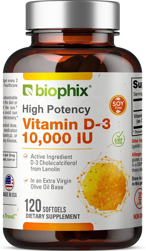 biophix Vitamin D-3 10000 IU 120 Softgels - High-Potency in Extra Virgin Olive Oil Non-GMO Soy-Free Supports Strong Bones Immune Health and K2...