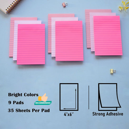 (9 Pack) Lined Sticky Notes 4X6 in Post Sticky Notes with Lines, Large Ruled Post Sticky Colorful Super Sticking Power Memo Pads Strong Adhesive, ...