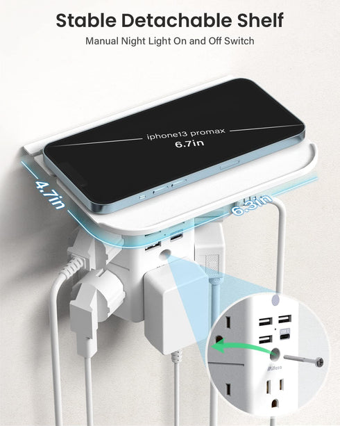 Wall Outlet Extender with Shelf and Night Light,Surge Protector,USB Wall Charger with 5 AC Outlets and 3 USB Ports 1 USB C Outlet Wide Space 3-Sid...