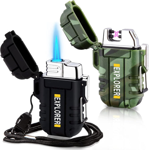2 Pack Waterproof Lighter Outdoor Windproof Torch Lighter Dual Arc Lighter Butane Electric Lighter USB Rechargeable Lighter Flameless Plasma Light...