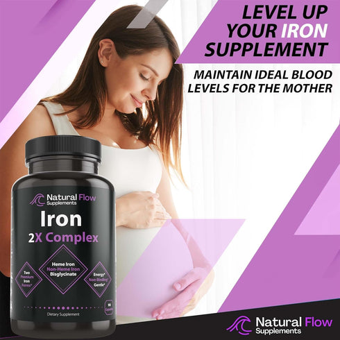 Iron Supplement 2-in-1 Complete Complex - Natural Flow 2X Heme and Chelated Non Heme Iron Bisglycinate, Folate, B and Vitamin C, for Anemia and Bl...