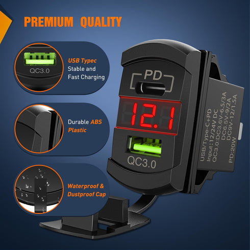 Nilight Rocker Switch Style USB Charger Red LED Voltmeter Quick Charge 12V PD Type C and USB QC 3.0 Car Charger Replacement with Inline Fuse for S...