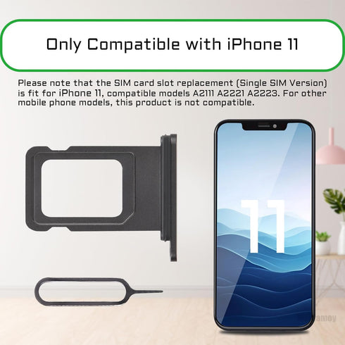 for iPhone 11 Black SIM Card Slot Replacement Single SIM Version for iPhone11 Card Tray Holder Adapter with Waterproof Rubber Ring Repair Tool Fix...