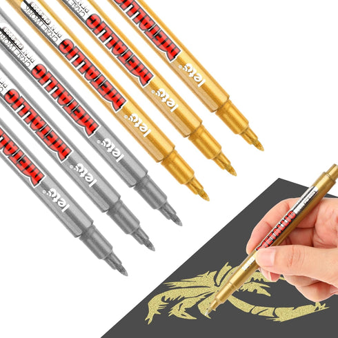 6 Pcs Upgrade Metallic Marker Pens, Gold and Silver Metallic Permanent Markers for Paper, Glass, Fabric, Rock Painting, Gift Card Making, Scrapboo...