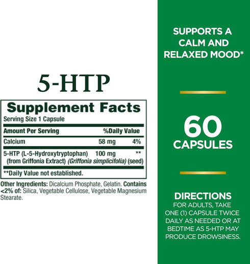 Nature's Bounty 5-HTP Pills and Dietary Supplement, Supports a Calm and Relaxed Mood, 100mg, 60 Capsules...