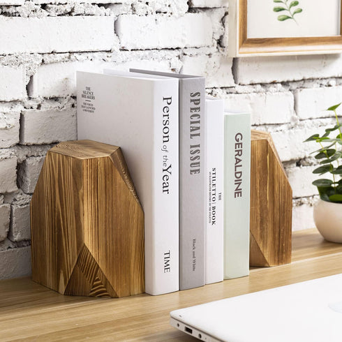 MyGift Rustic Burnt Solid Wood Geometric Style Bookends, Set of 2...