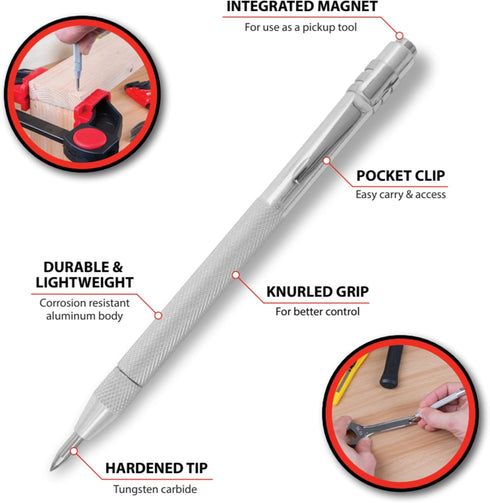 Performance Tool W7552 Tungsten Carbide Tipped Scriber with Aluminum Body, Magnet and Pocket Clip, Great for Marking on Various Materials...