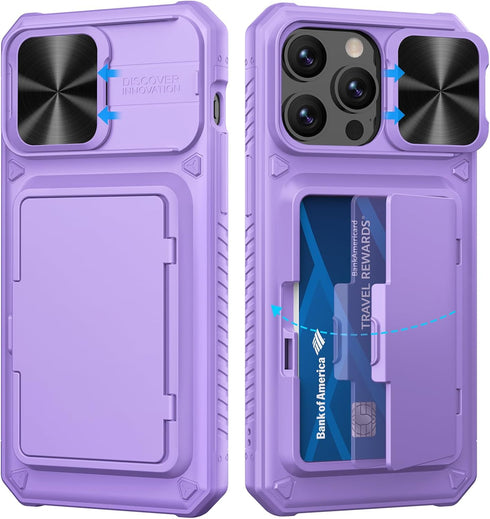for iPhone 15 Pro Max Wallet Case with Card Holder & Sliding Camera Cover & Kickstand, Heavy Duty Protective Shockproof Sturdy Hard Back & TPU Edg...