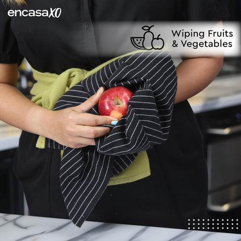 Encasa XO Cotton Kitchen Towel Set | Hand and Tea Cloth for Cleaning & Quick Drying, X-Large 28"x18" (Pack of 4) Highly Absorbent - Butcher Black...