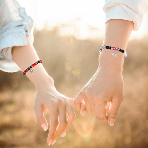 2pcs Spider Friendship Bracelet, Magnetic Matching Bracelets With Energy Stone Beads, Stretch Bracelets With Spider Charm For Couple, Halloween, V...