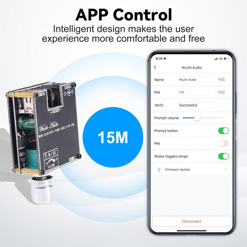 30W TWS Bluetooth Amplifier Board, PEMENOL DC 9-24V 3A Audio Amplifier Module Support APP Control Modify Bluetooth Name and Password AUX Bluetooth...