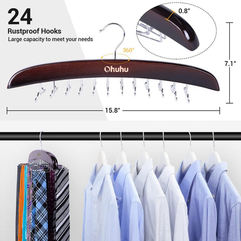 Tie Rack Hanger for Closet: Ohuhu 2 Packs 24 Folding Hooks Tie Hangers for Men Wooden Tie Holder Organizer Space Saving Necktie Storage 360 Degree...