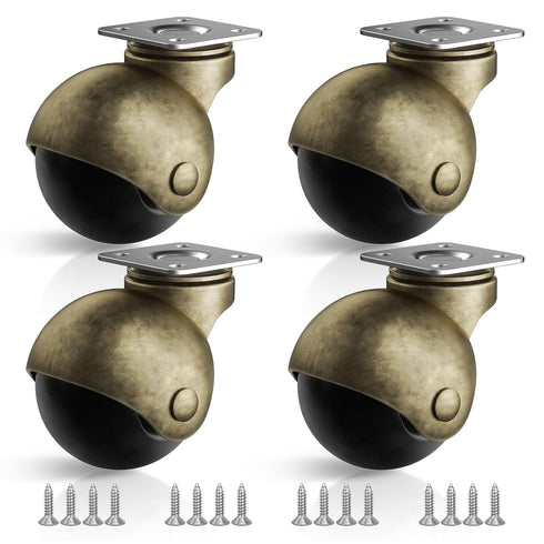 Furniture Wheels 4 Pack, 1.5 Inch Ball Caster Wheels, Brass Casters Set of 4, Plate Swivel Small Castor Wheels for Furniture, Kitchen, Cabinet, Ta...