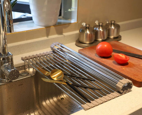 Roll up Dish Drying Rack Over The Sink Drying Rack Silicone kitchenware Folding draining Dish Rack SUS304 Stainless Steel 17.7inx13.75in (Grey)...