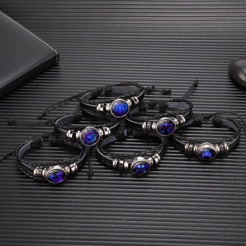 2Pcs Multilayer Constellation Zodiac Leather Bracelet Vintage Black Leather Bracelet Adjustable Handmade Woven Bracelet Birthday Trendy Jewelry fo...