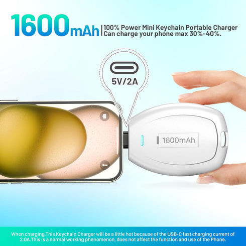 USB C Keychain Portable Charger Power Bank Compatible with iPhone 15/15 Plus/15 Pro/15 Pro Max, 1600mAh Mini Type-C Power Emergency Pod Ultra-Comp...