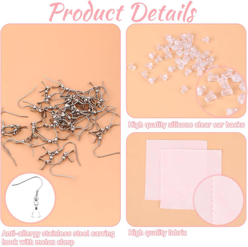 Stainless Steel Earring Hooks DIY Earring Making Kit, 50 Pcs Hypoallergenic Earring Hooks with 50 Pcs Clear Silicone Earring Backs and 2 Pcs Polis...