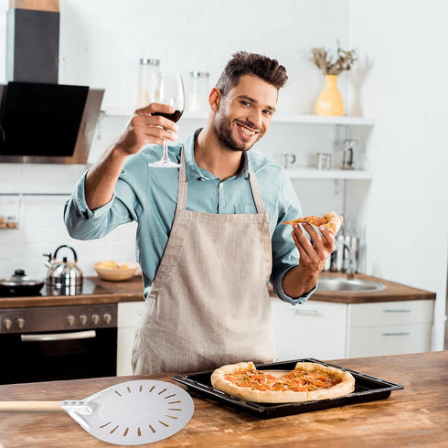 Pizza Turning Peel Perforated Pizza Turner Round Metal Aluminum Turning Peel Paddle with 16 Inch Anti-scalding Non-slip Durable Wooden Handle for ...