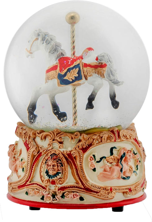Gilded Gold Tone Cupid and Carousel Horse 100MM Musical Water Globe Plays Tune Unchained Melody...